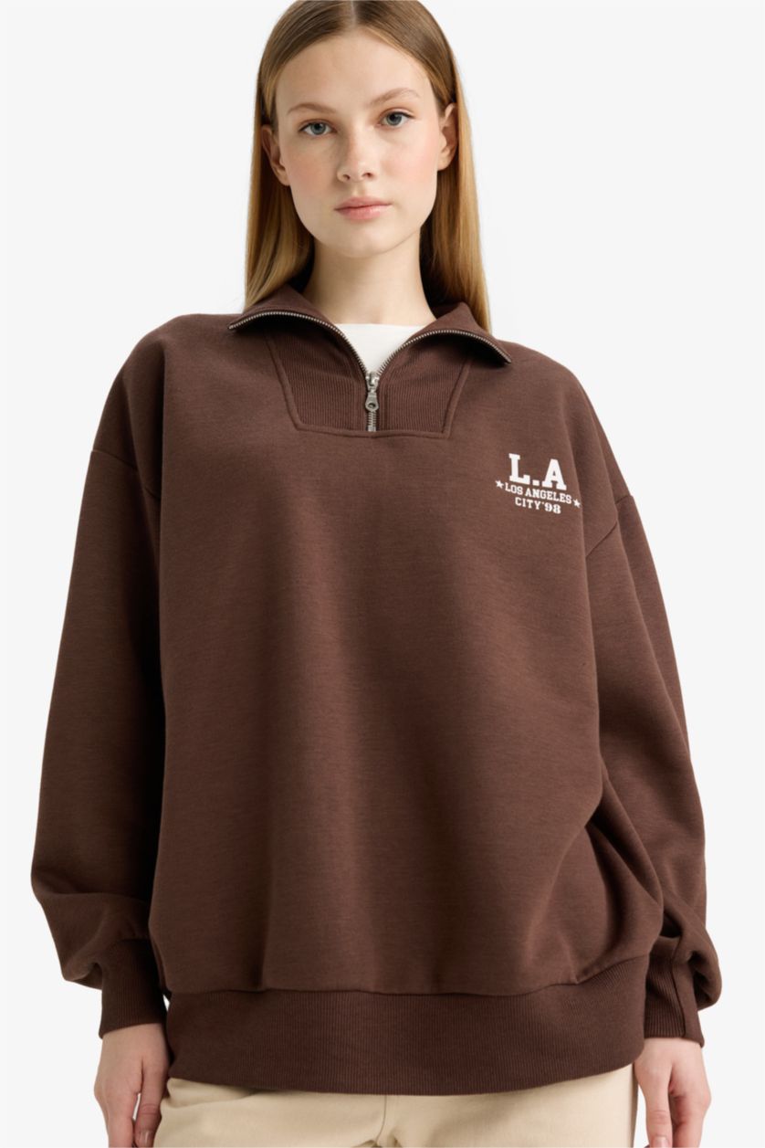 Женщины Коричневый Coool оверсайз, свободный покрой, полузип толстовка, толстая