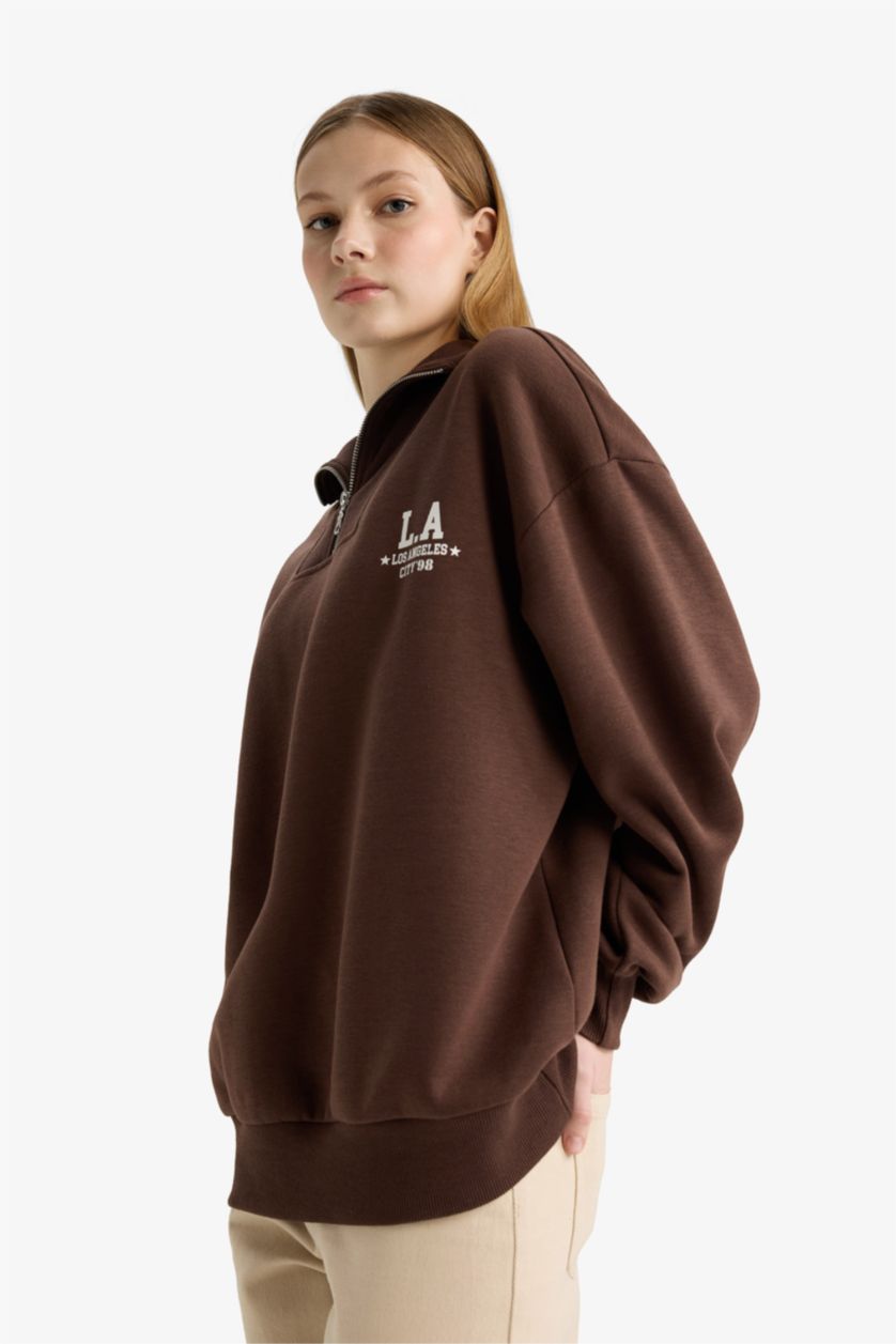 Женщины Коричневый Coool оверсайз, свободный покрой, полузип толстовка, толстая