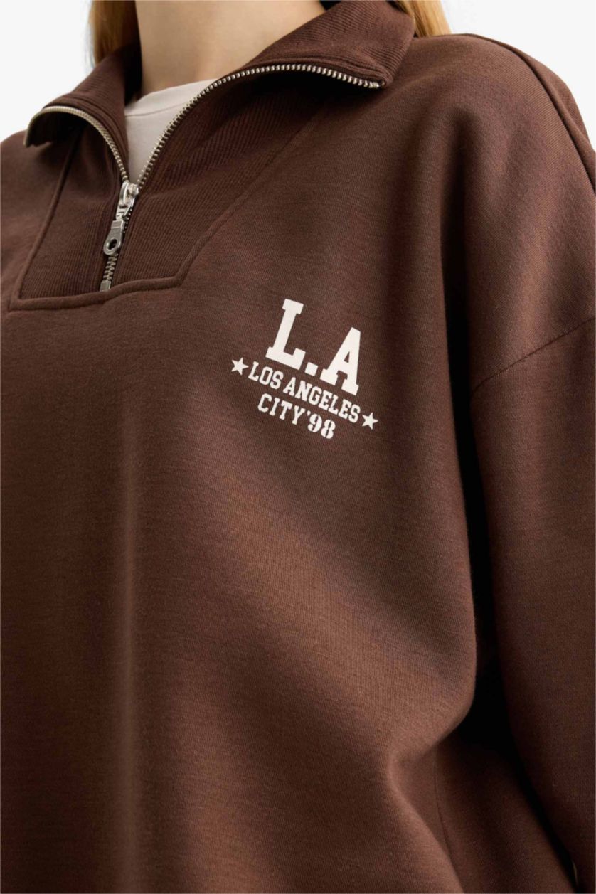 Женщины Коричневый Coool оверсайз, свободный покрой, полузип толстовка, толстая