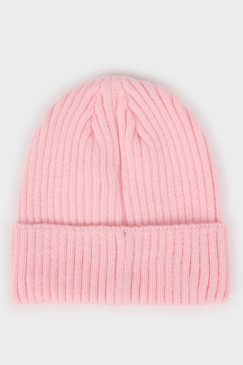 Kız Bebek Açık Pembe Dokuma Etiketli Triko Bere Kız Bebek