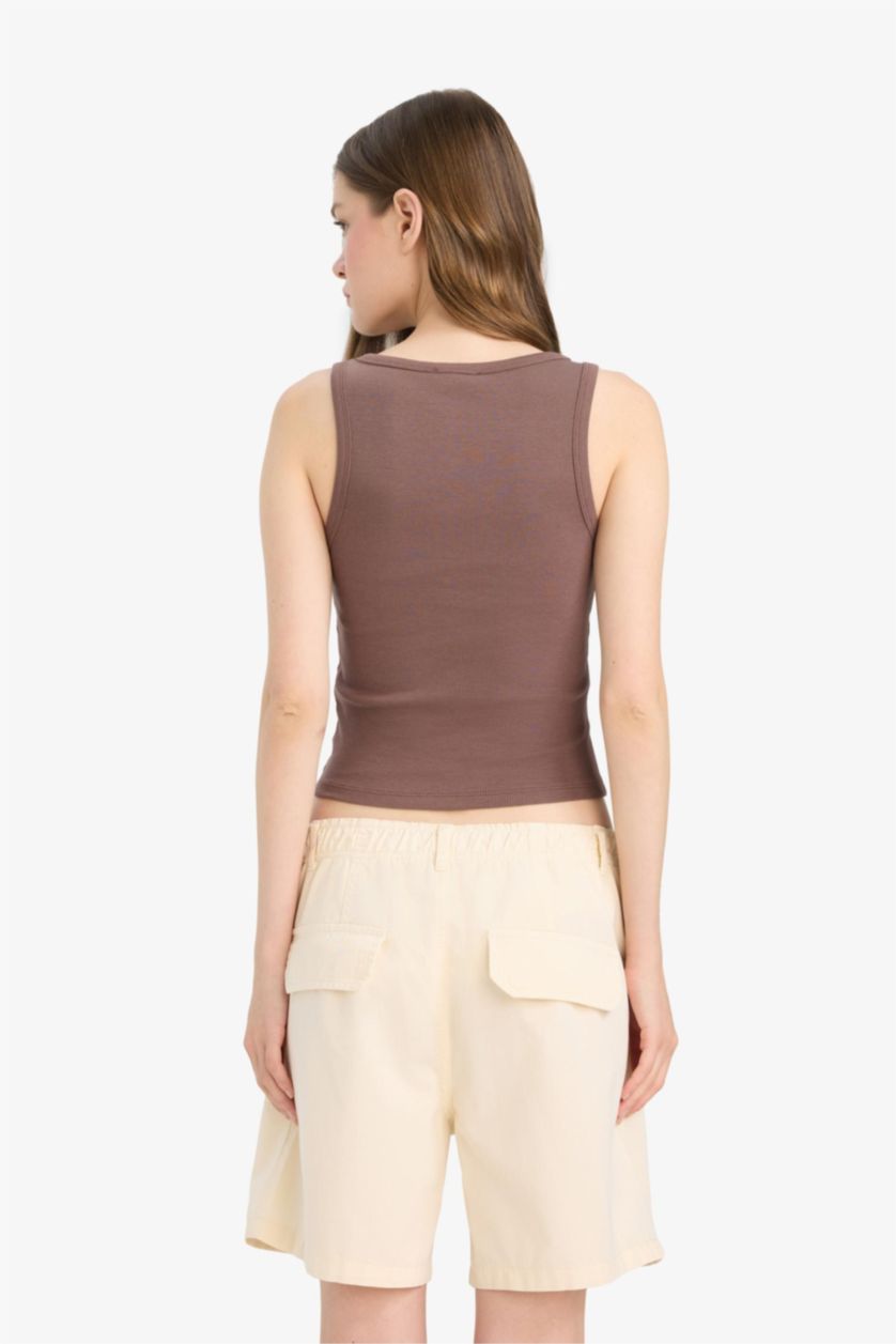 WOMAN Brown Slim Fit Camisole Button Neck Tank Top