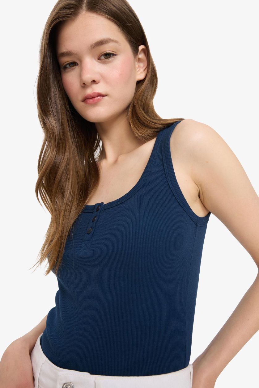 Kadın Lacivert Fitted Düğmeli Fitilli Kaşkorse Atlet