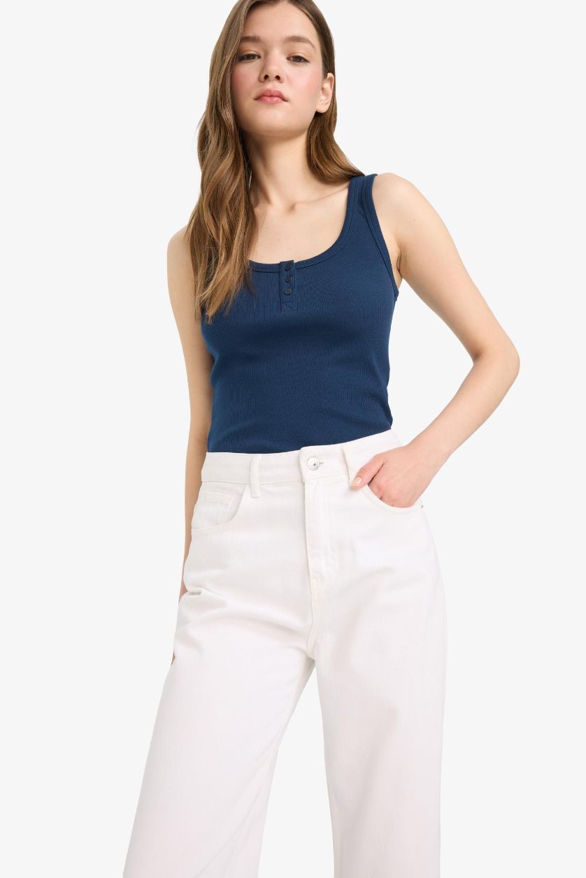 Kadın Lacivert Fitted Düğmeli Fitilli Kaşkorse Atlet