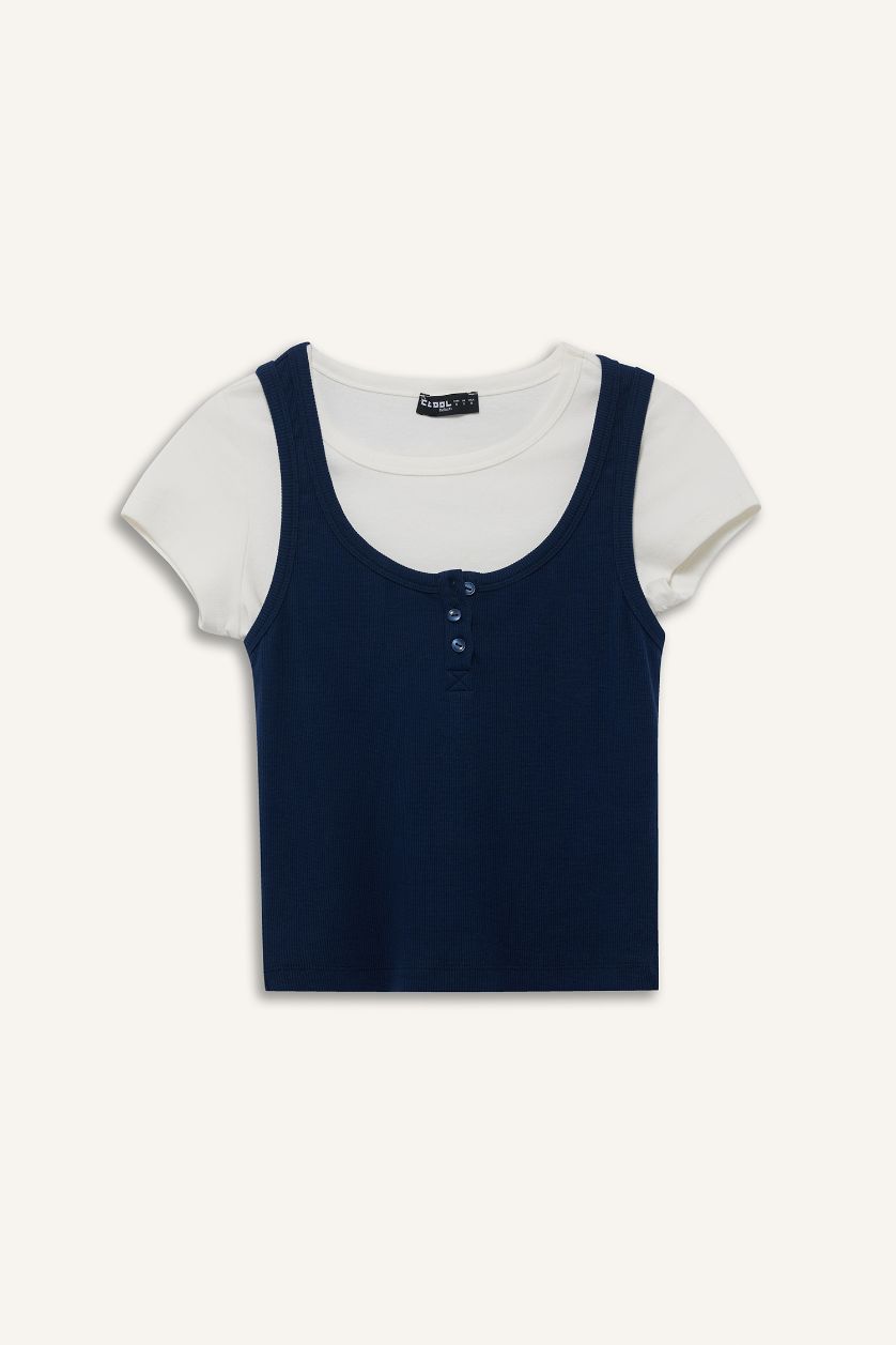 Kadın Lacivert Fitted Düğmeli Fitilli Kaşkorse Atlet