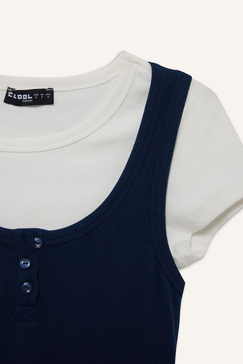 Kadın Lacivert Fitted Düğmeli Fitilli Kaşkorse Atlet