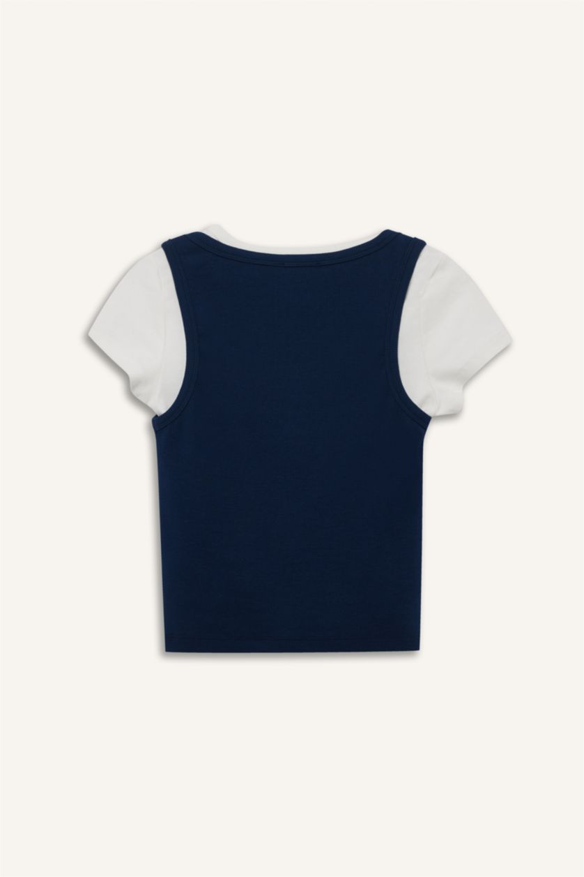 Kadın Lacivert Fitted Düğmeli Fitilli Kaşkorse Atlet