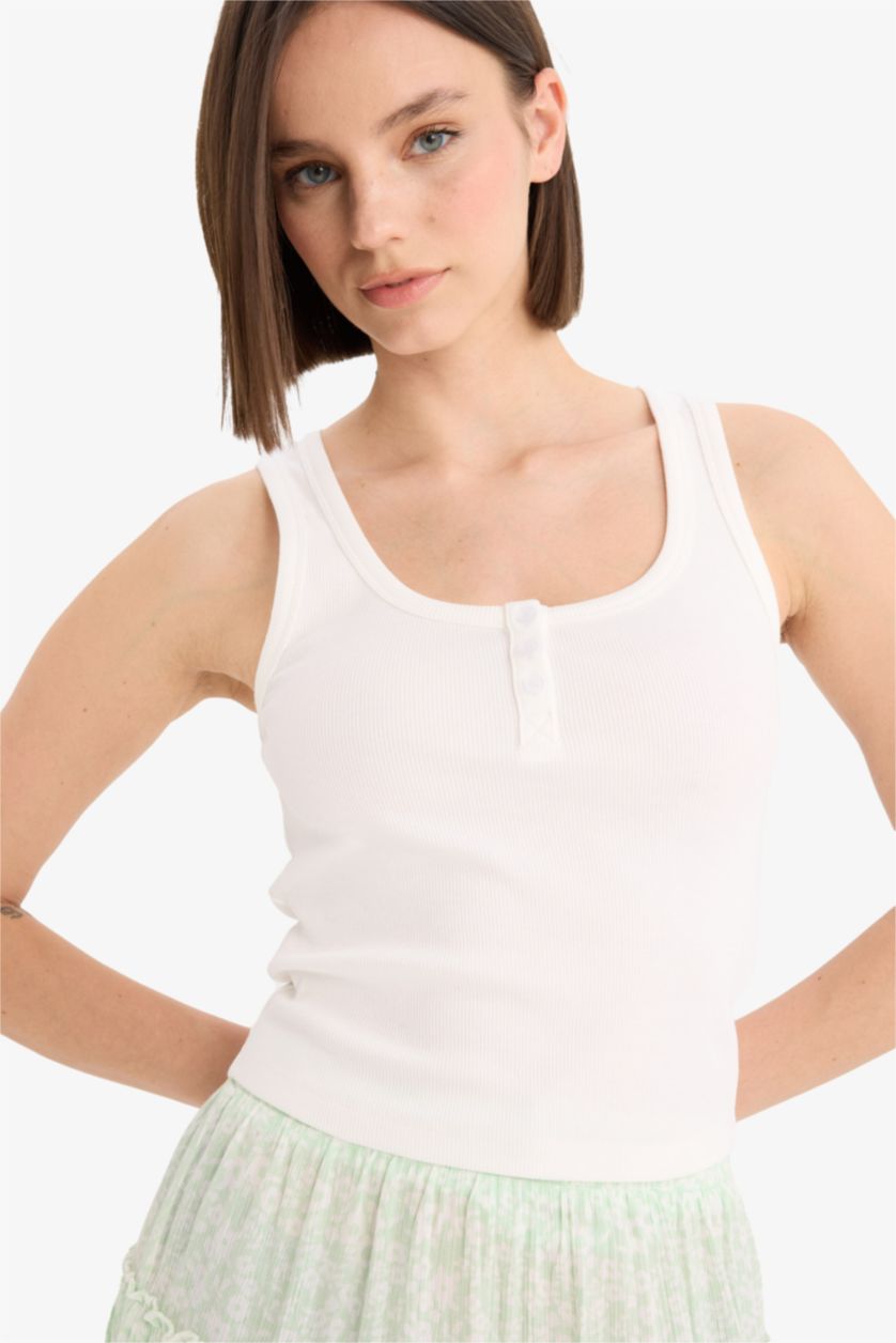 Kadın Kırık Beyaz Fitted Düğmeli Fitilli Kaşkorse Atlet