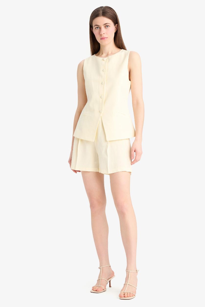 Kadın Açık Sarı Yüksek Bel Keten Karışımlı Şort