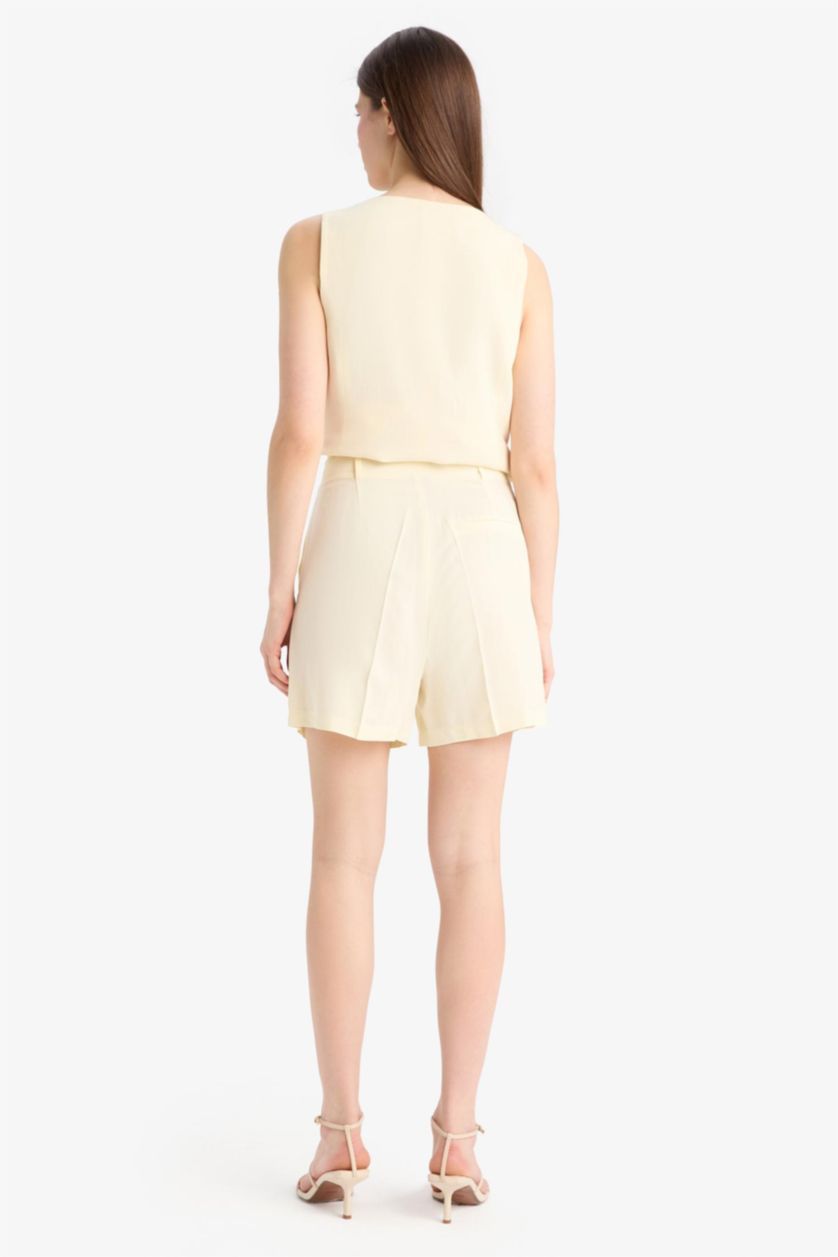 Kadın Açık Sarı Yüksek Bel Keten Karışımlı Şort