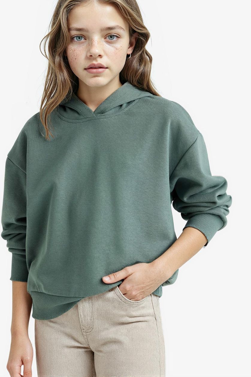 Kız Çocuk - Genç Kız Yeşil Relax Fit Kapüşonlu Basic Düz Sweatshirt Kız Çocuk