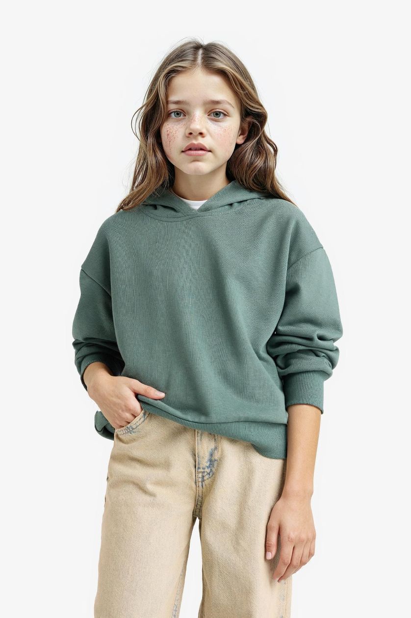 Kız Çocuk - Genç Kız Yeşil Relax Fit Kapüşonlu Basic Düz Sweatshirt Kız Çocuk