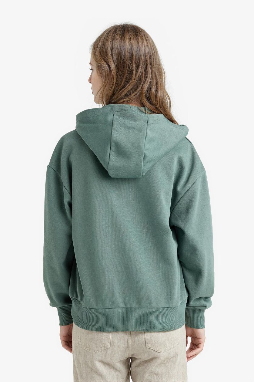 Kız Çocuk - Genç Kız Yeşil Relax Fit Kapüşonlu Basic Düz Sweatshirt Kız Çocuk