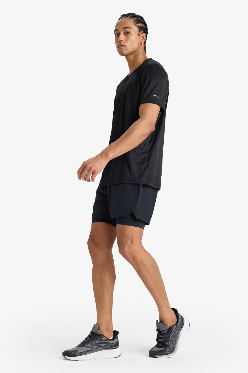 Erkek Siyah Slim Fit Dar Kesim Sporcu İçi Taytlı Dokuma Şort