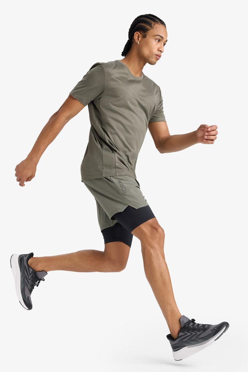 Erkek Haki Slim Fit Dar Kesim Sporcu İçi Taytlı Dokuma Şort