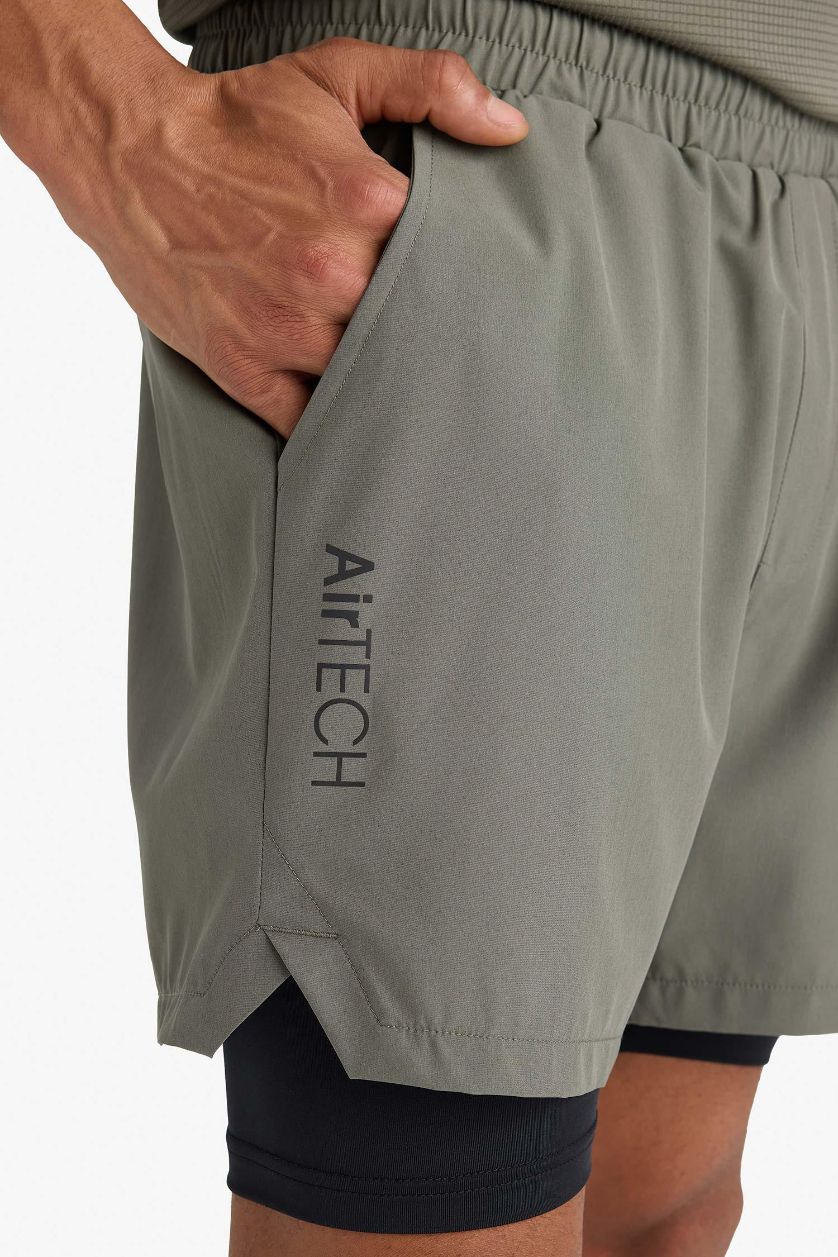 Erkek Haki Slim Fit Dar Kesim Sporcu İçi Taytlı Dokuma Şort