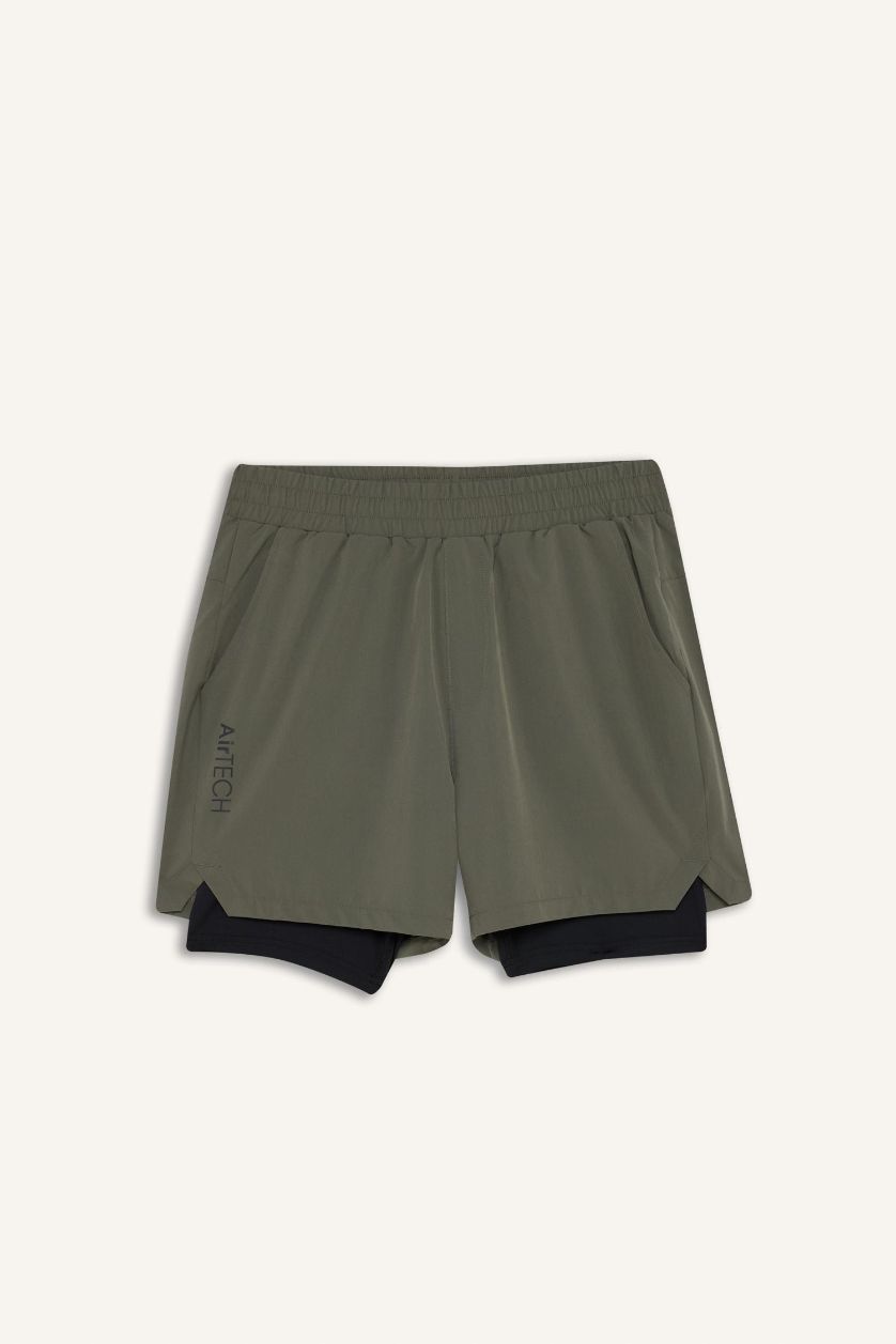 Erkek Haki Slim Fit Dar Kesim Sporcu İçi Taytlı Dokuma Şort