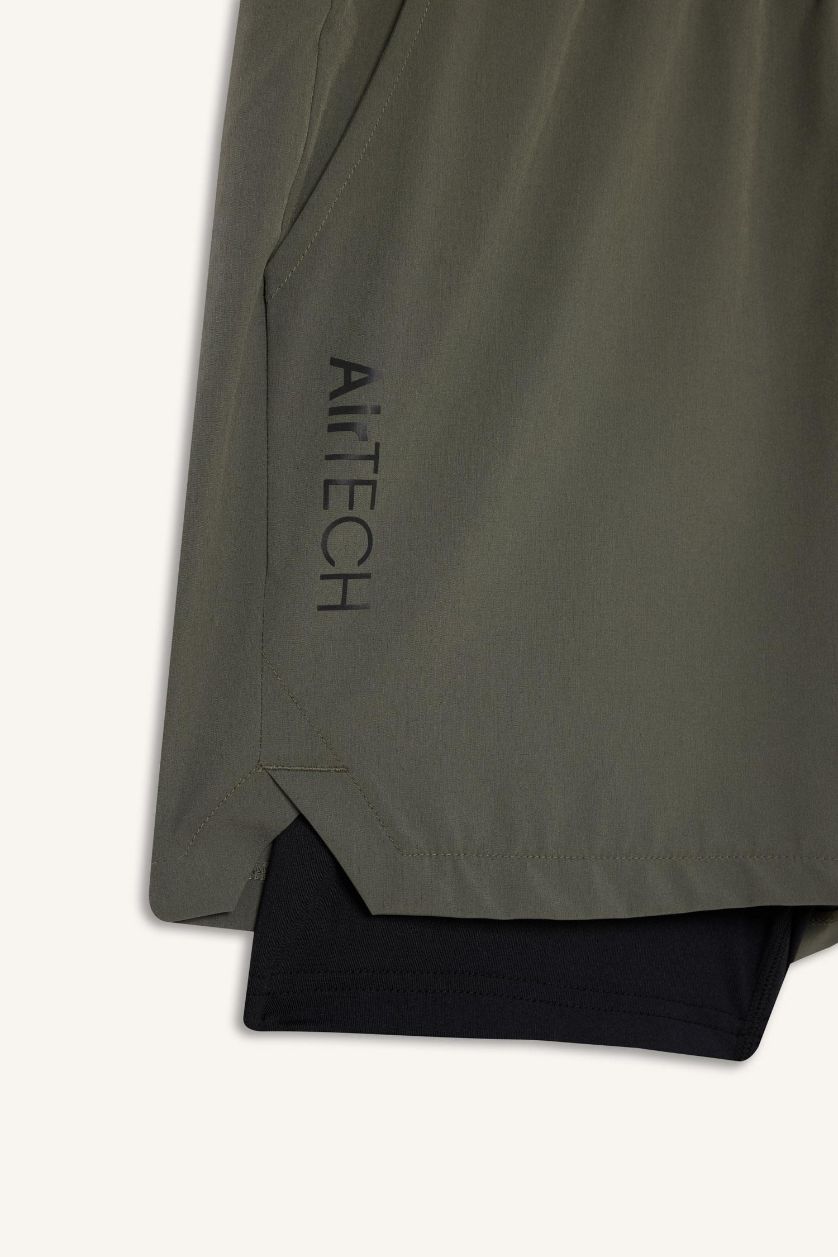 Erkek Haki Slim Fit Dar Kesim Sporcu İçi Taytlı Dokuma Şort