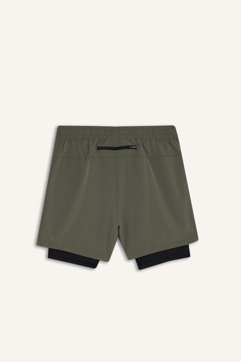 Erkek Haki Slim Fit Dar Kesim Sporcu İçi Taytlı Dokuma Şort