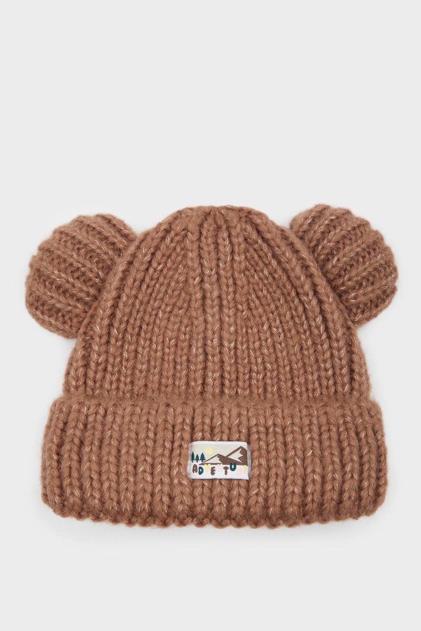 BABY BOY Brown Baby Boy Woven Labeled Knit Beanie