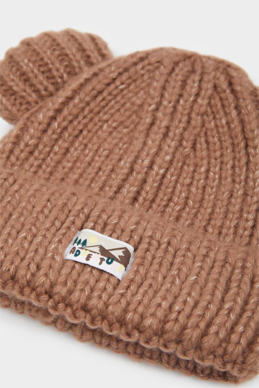 BABY BOY Brown Baby Boy Woven Labeled Knit Beanie
