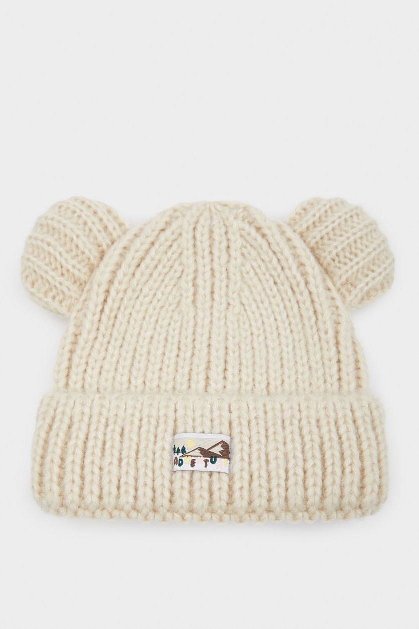 Kız Bebek Bej Dokuma Etiketli Kulaklı Triko Bere Kız Bebek