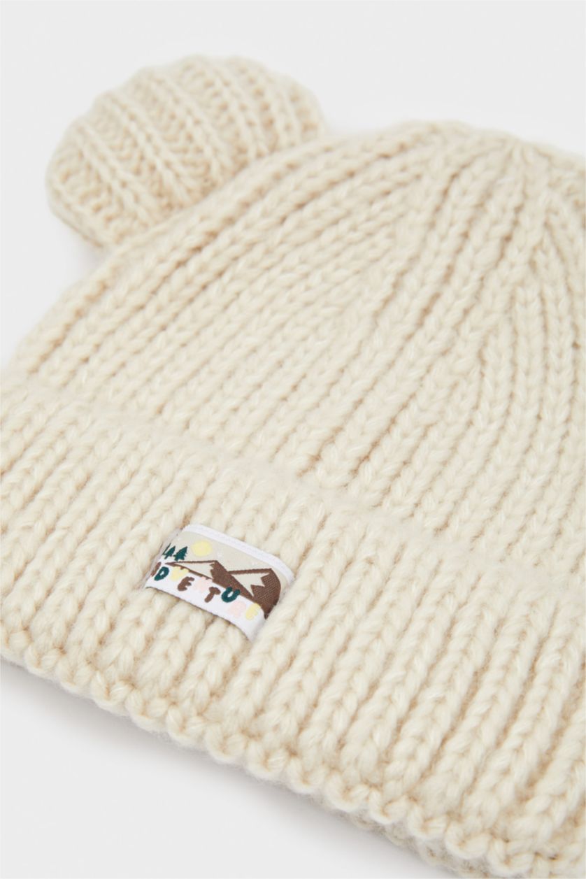 Kız Bebek Bej Dokuma Etiketli Kulaklı Triko Bere Kız Bebek