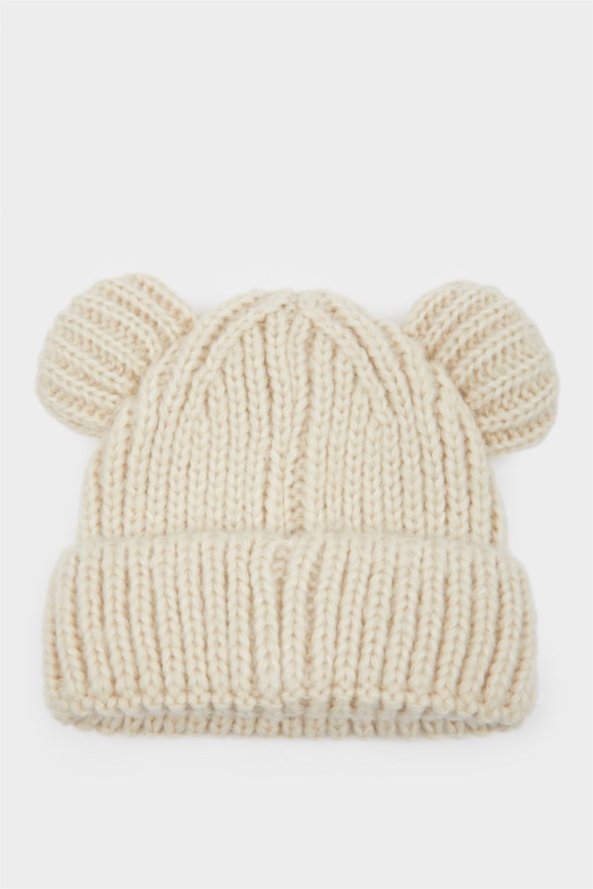 Kız Bebek Bej Dokuma Etiketli Kulaklı Triko Bere Kız Bebek