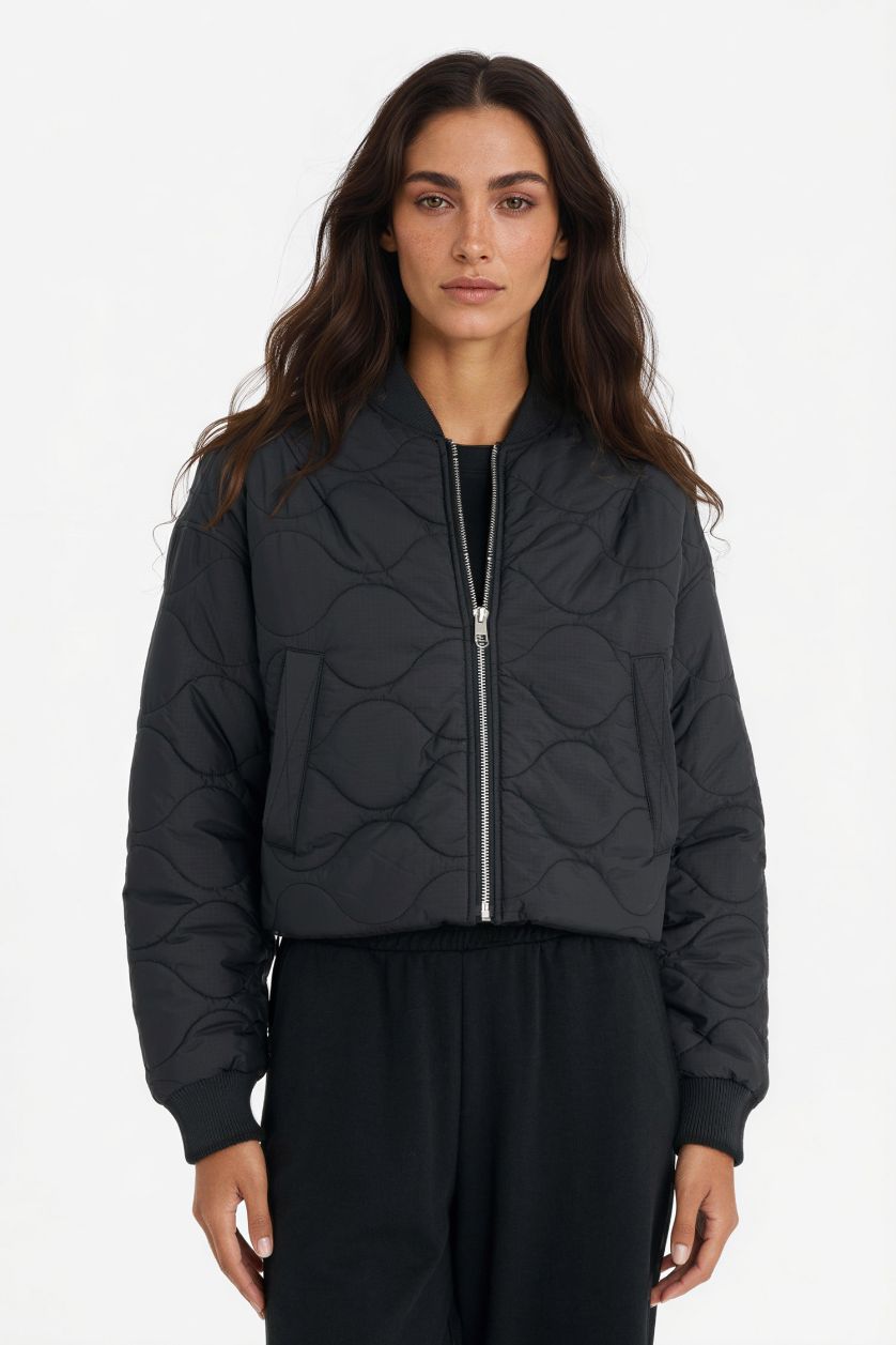 Kadın Siyah Su Geçirmez Regular Fit Kolej Yaka Fermuarlı Bomber Mont