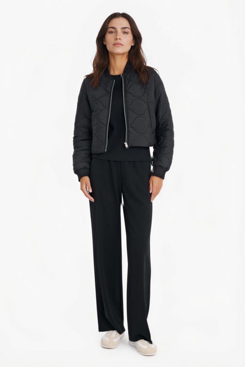 حريمي أسود جاكيت بومبر وتر بروف قصة عادية بياقة كوليج