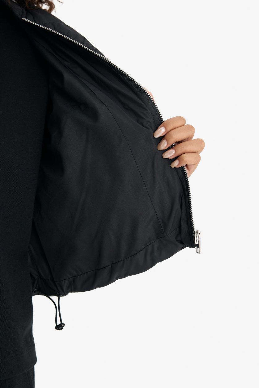 Kadın Siyah Su Geçirmez Regular Fit Kolej Yaka Fermuarlı Bomber Mont