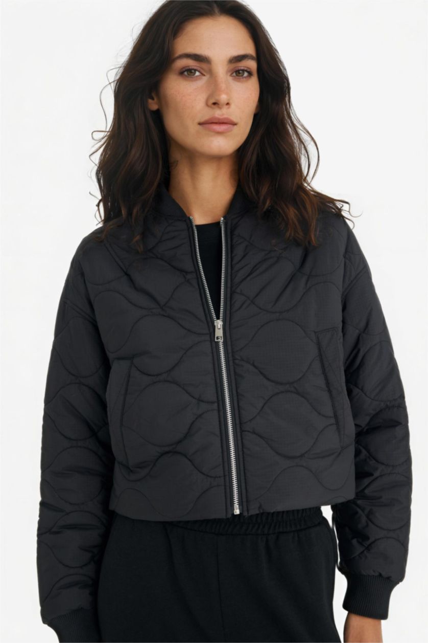 حريمي أسود جاكيت بومبر وتر بروف قصة عادية بياقة كوليج