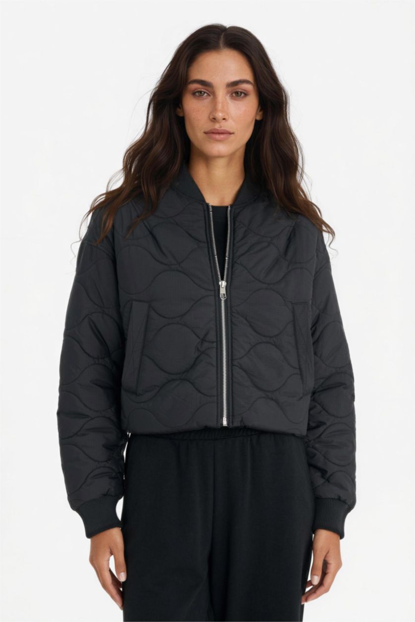 حريمي أسود جاكيت بومبر وتر بروف قصة عادية بياقة كوليج