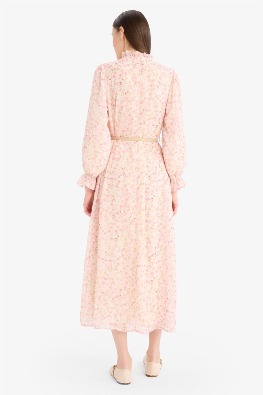 نساء زهري فاتح فستان محجبات شيفون مطبوع ردن طويل وقصة عادية