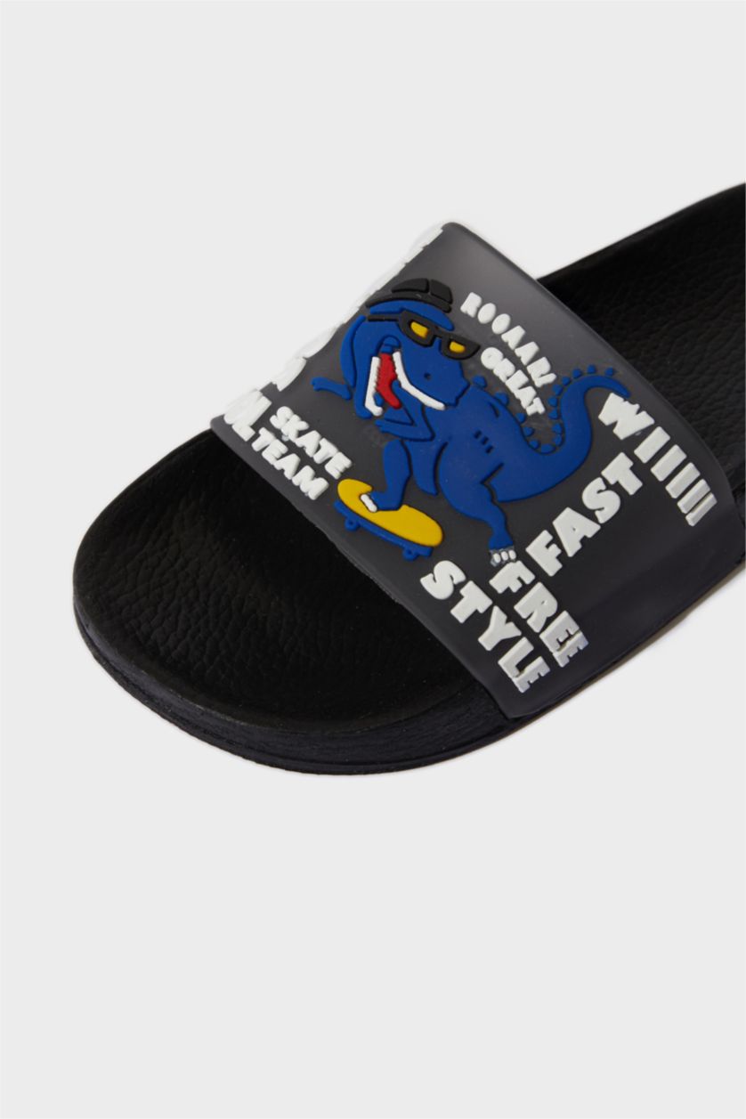 Erkek Çocuk - Genç Erkek Siyah Desenli Yüksek Taban Terlik Erkek Çocuk