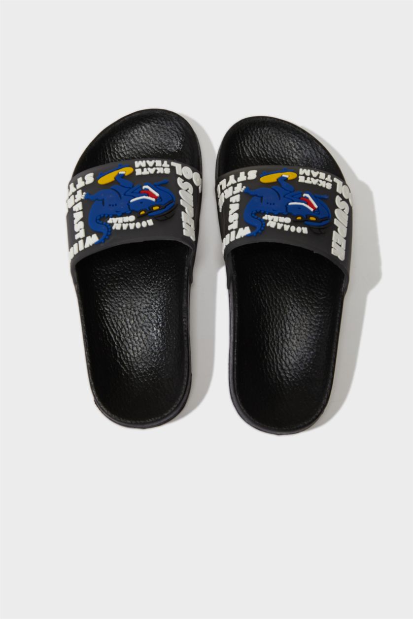 Erkek Çocuk - Genç Erkek Siyah Desenli Yüksek Taban Terlik Erkek Çocuk