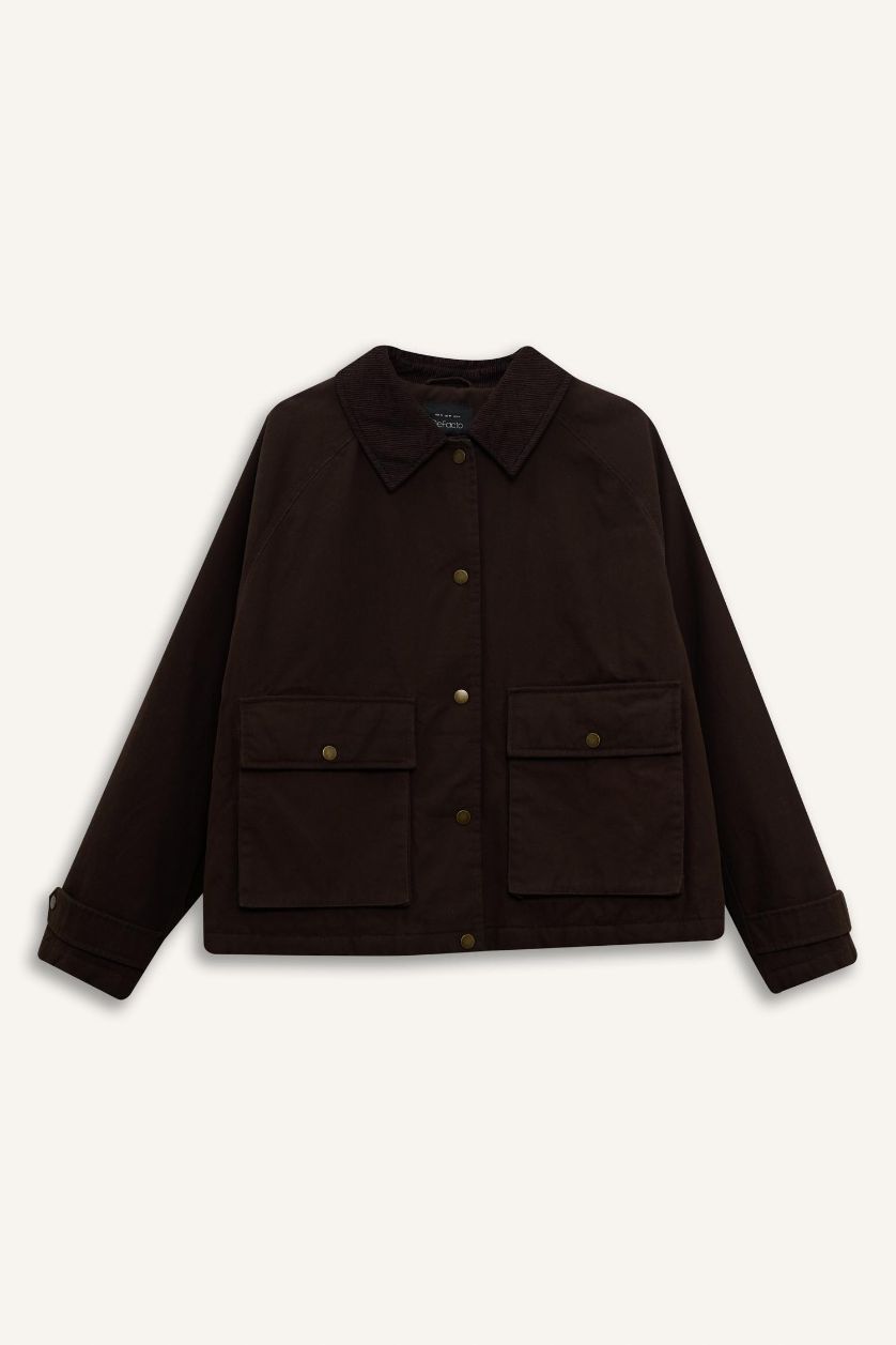 Kadın Kahve Regular Fıt Polo Yaka Pamuklu Mont