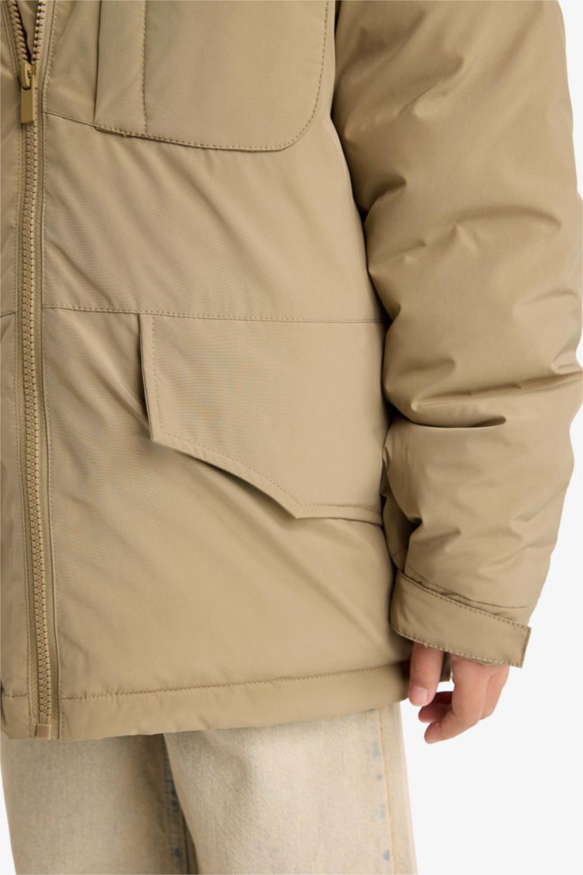 بناتي كاكي جاكيت بناتي طويل بكابيشون وياقة فرو قابلة للإزالة