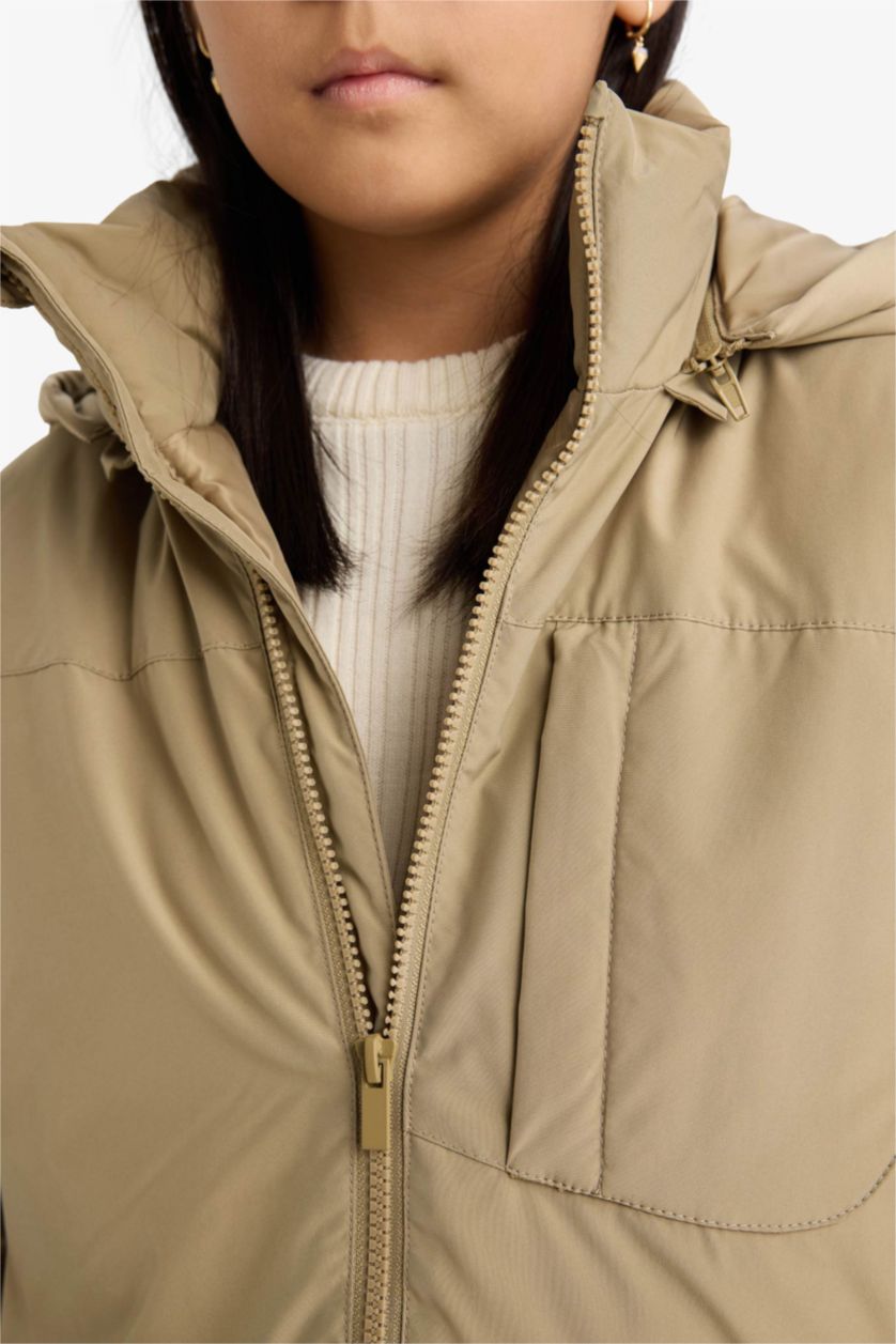 بناتي كاكي جاكيت بناتي طويل بكابيشون وياقة فرو قابلة للإزالة