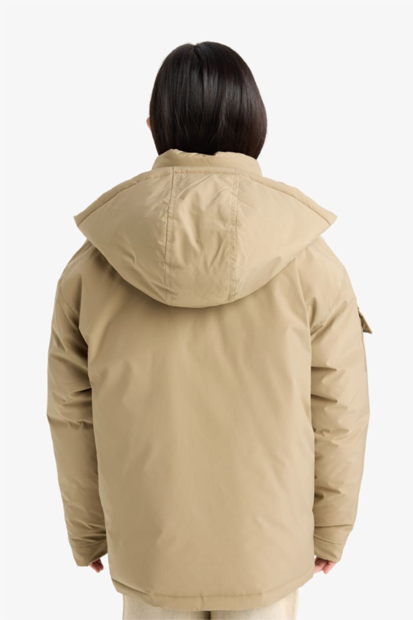 بناتي كاكي جاكيت بناتي طويل بكابيشون وياقة فرو قابلة للإزالة