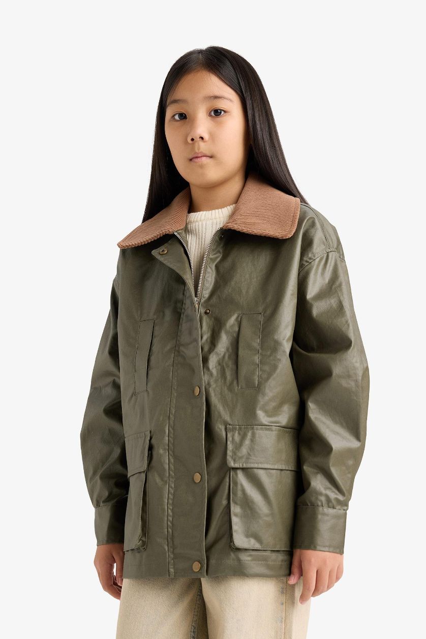 بنات كاكي داكن معطف بنات طارد للماء برقبة بولو