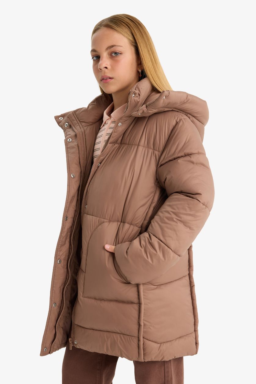 Kız Çocuk - Genç Kız Koyu Camel Su Geçirmez Kapüşonlu Parka Kız Çocuk