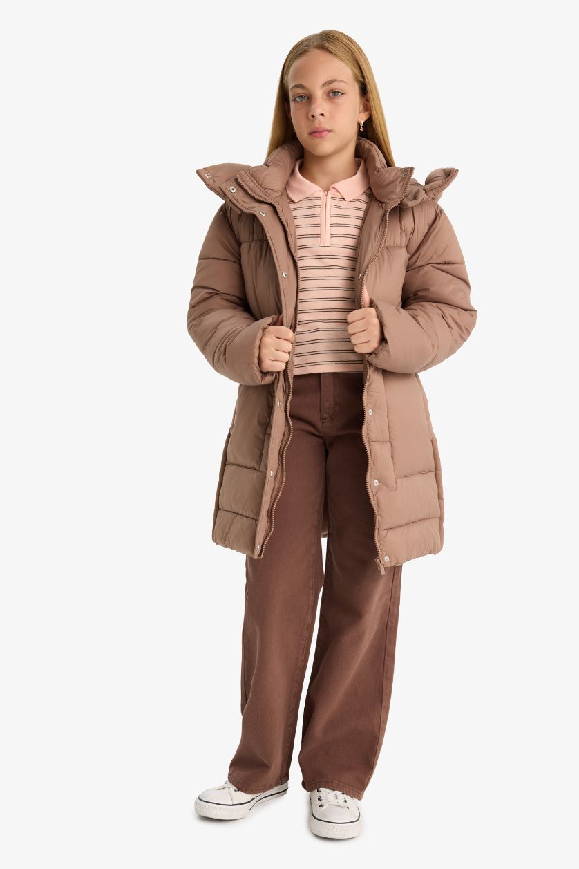 Kız Çocuk - Genç Kız Koyu Camel Su Geçirmez Kapüşonlu Parka Kız Çocuk