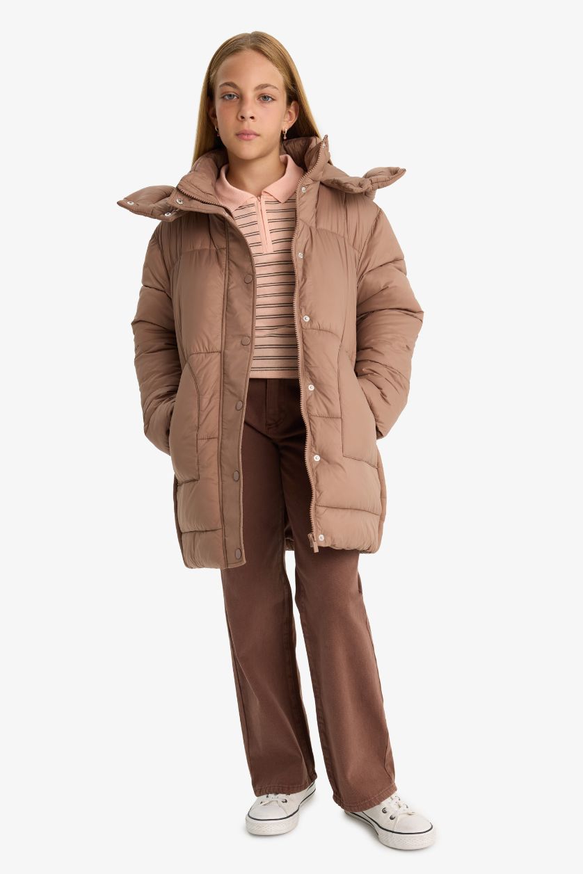 Kız Çocuk - Genç Kız Koyu Camel Su Geçirmez Kapüşonlu Parka Kız Çocuk