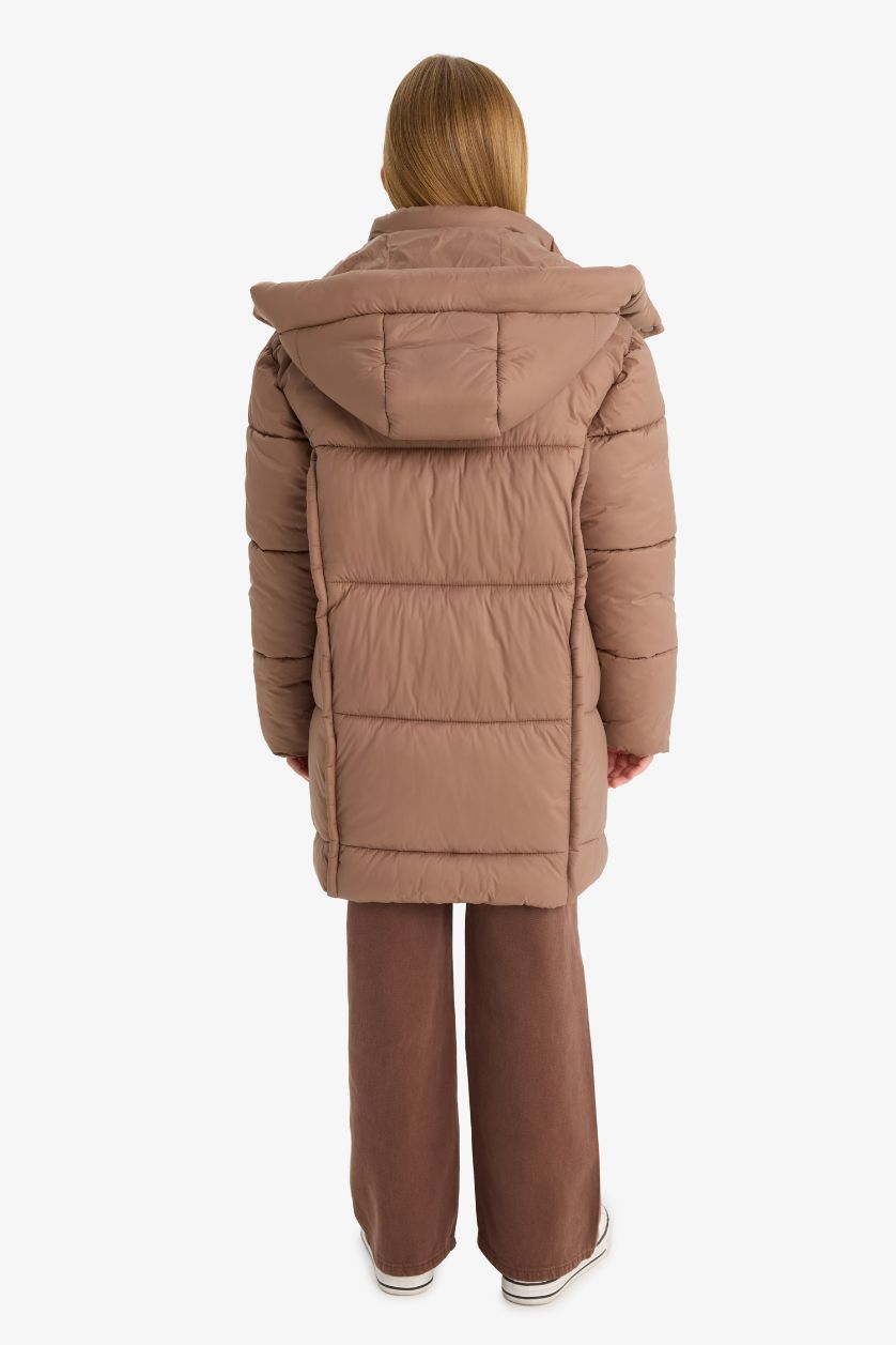 Kız Çocuk - Genç Kız Koyu Camel Su Geçirmez Kapüşonlu Parka Kız Çocuk