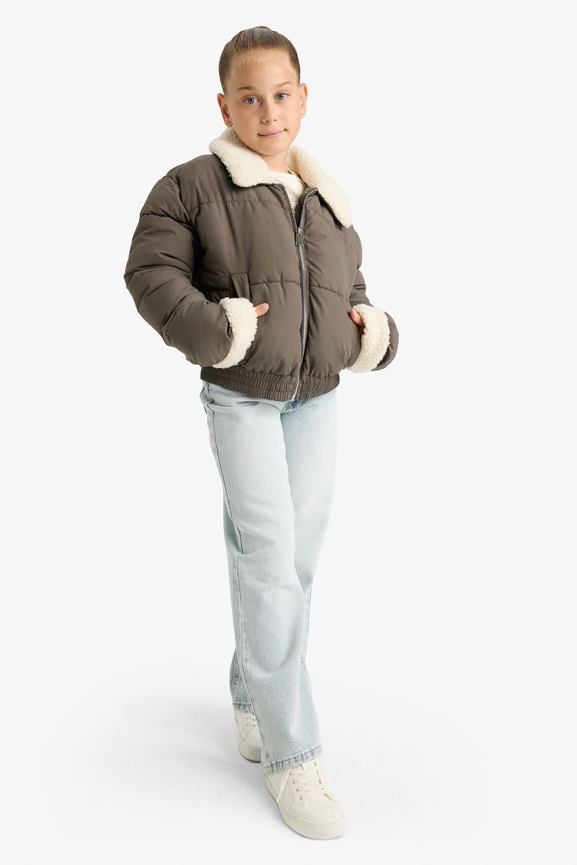 Girls & Teens Khaki Girl Plush Collar Zippered Puffer Jacket