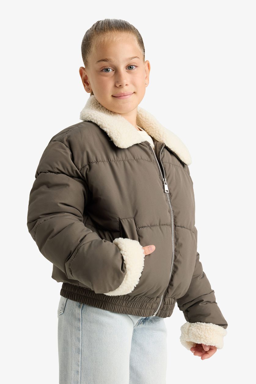 Girls & Teens Khaki Girl Plush Collar Zippered Puffer Jacket