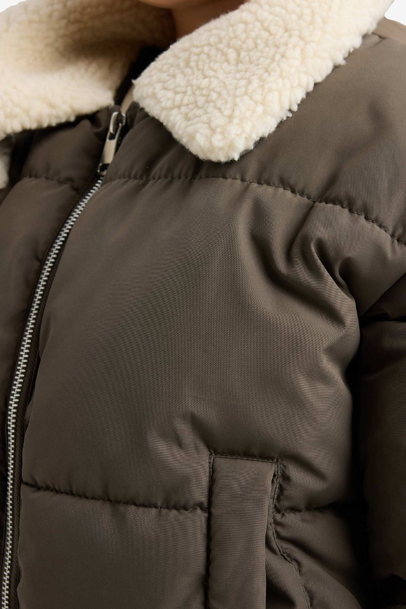 Girls & Teens Khaki Girl Plush Collar Zippered Puffer Jacket