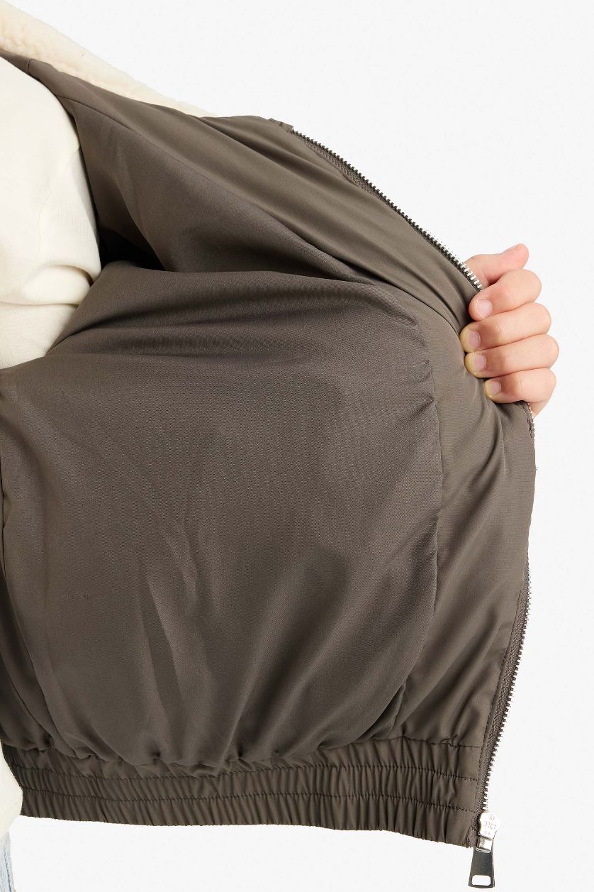 Girls & Teens Khaki Girl Plush Collar Zippered Puffer Jacket