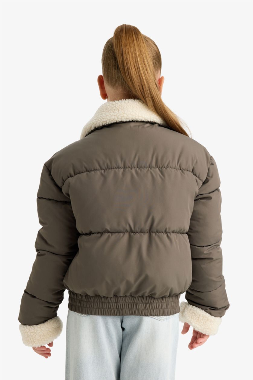 Girls & Teens Khaki Girl Plush Collar Zippered Puffer Jacket