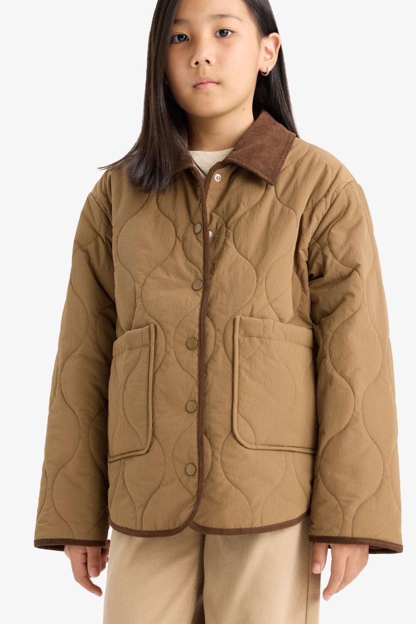 Girls & Teens Light Brown Girl Windproof Quilted Contrast Collar Jacket
